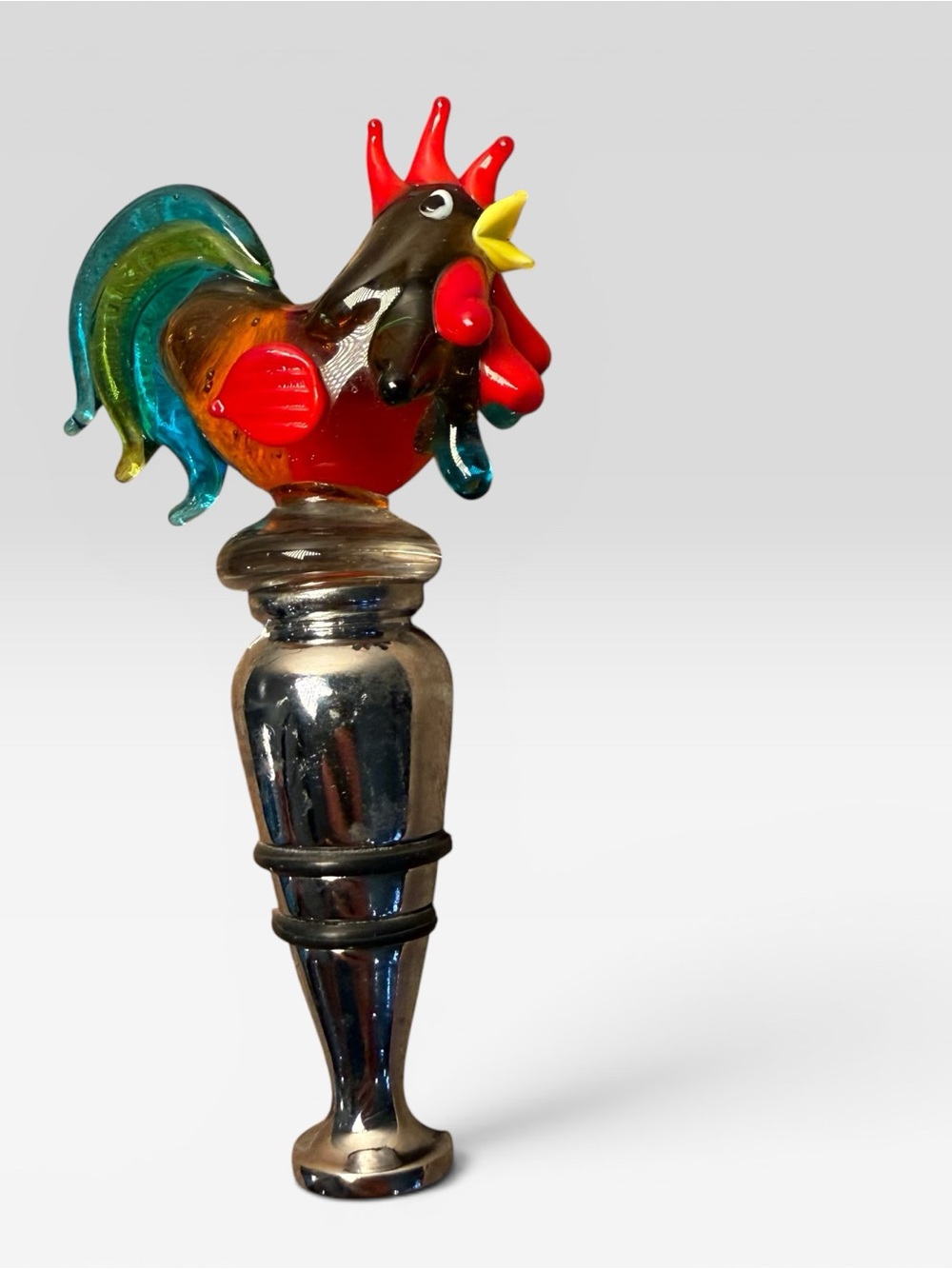 Murano Rooster Stained Glass Wine Stopper 4.5"